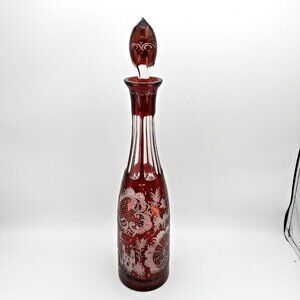Czechoslovakia 15" Decanter Christmas Holiday Cranberry Red Crystal Cut to clear